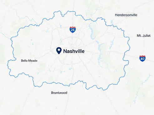 Map of the Nashville and Davidson County online bookkeeping service area