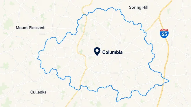 Map of the Columbia and Maury County online bookkeeping service area