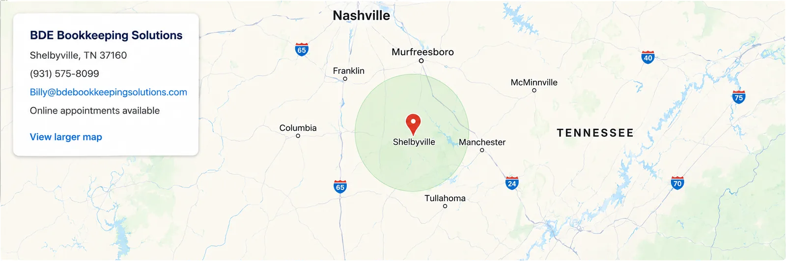 BDE Bookkeeping Solutions online service area map centered around Shelbyville, Tennessee