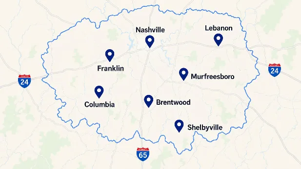 Map of the Middle Tennessee cities BDE Bookkeeping Solutions serves