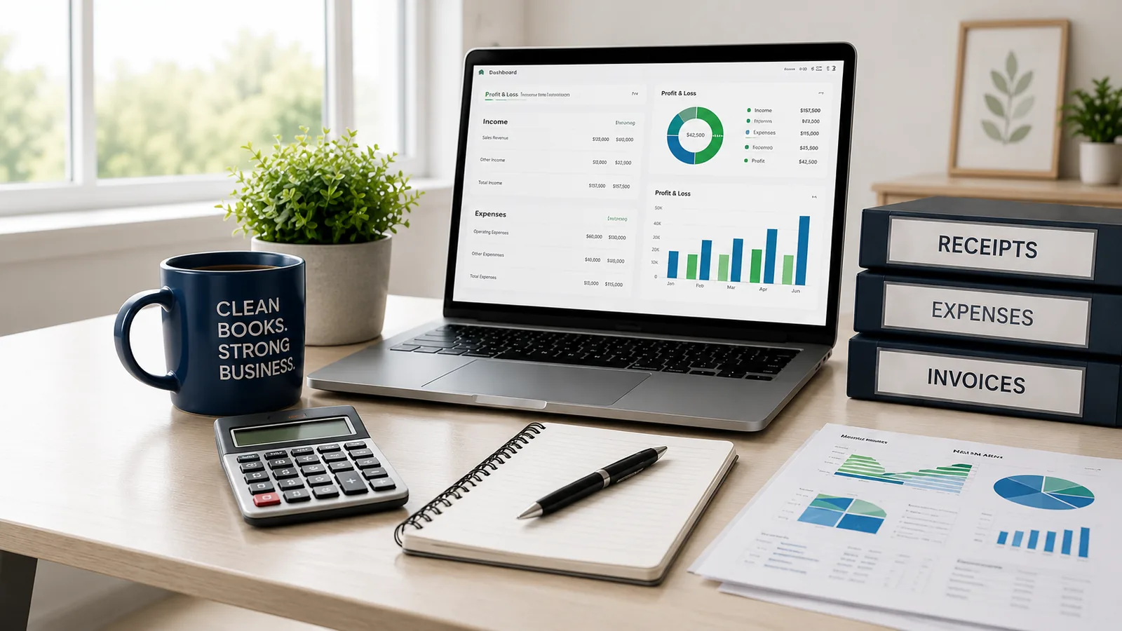 Bookkeeping workspace with laptop dashboard, calculator and organized records