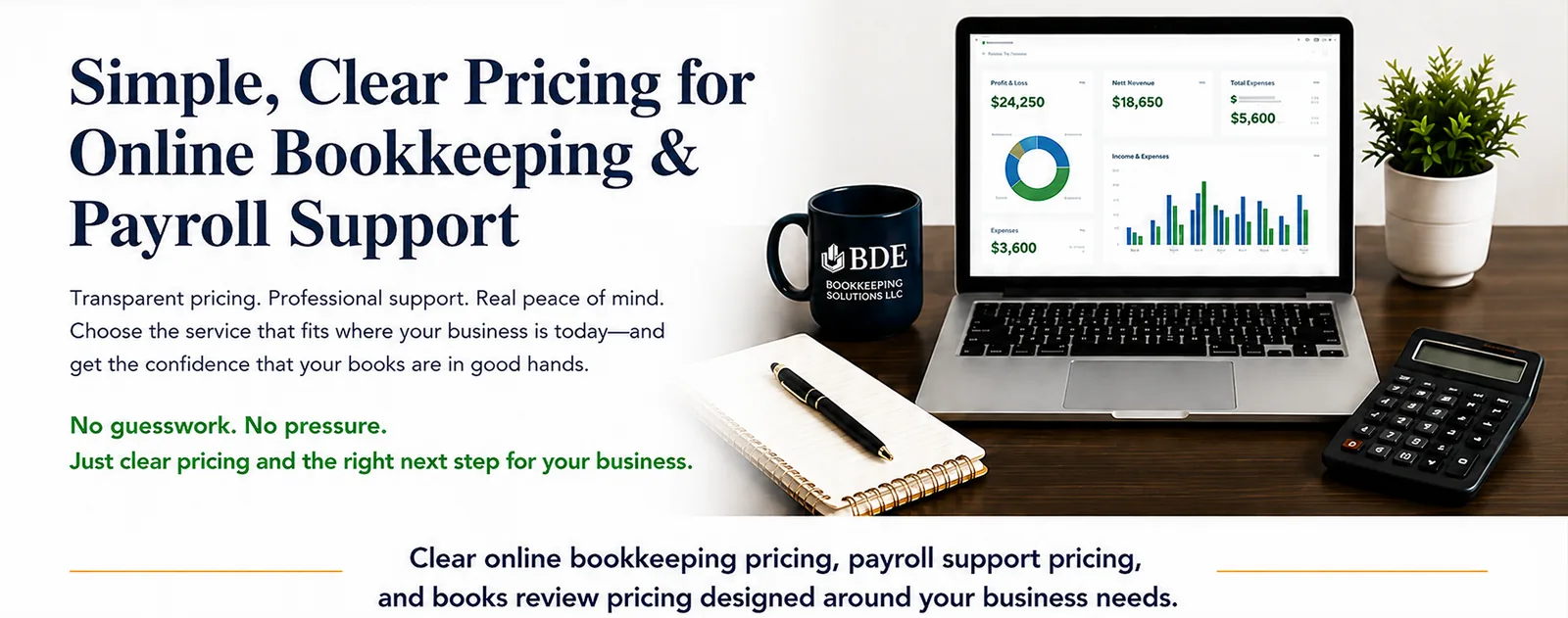 BDE Bookkeeping Solutions pricing hero section with corrected BDE mug