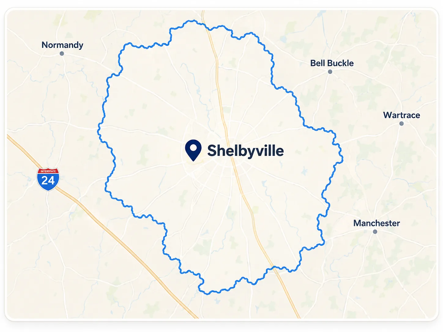 Map of the Shelbyville and Bedford County bookkeeping service area