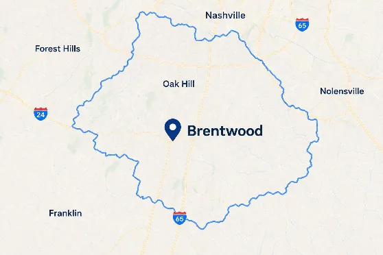 Map of the Brentwood and Williamson County online bookkeeping service area