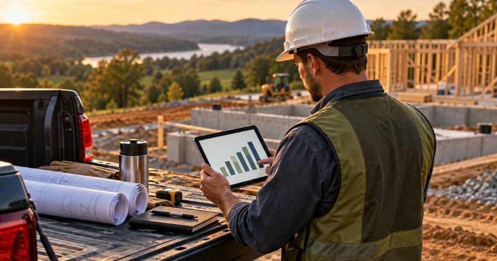 Contractor in a hard hat reviewing job costs on a tablet at a pickup truck on a construction site